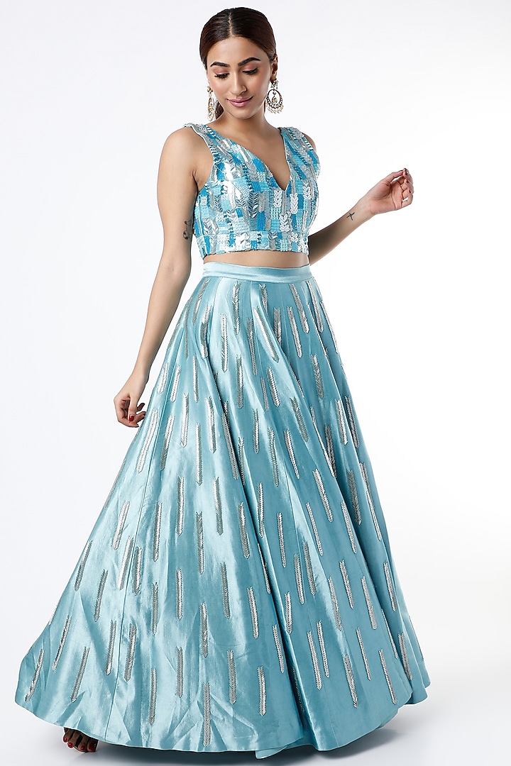 Sky Blue Skirt With Embroidered Blouse by Payal Zinal