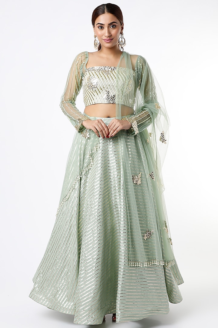 Mint Green Skirt With Embroidered Blouse by Payal Zinal
