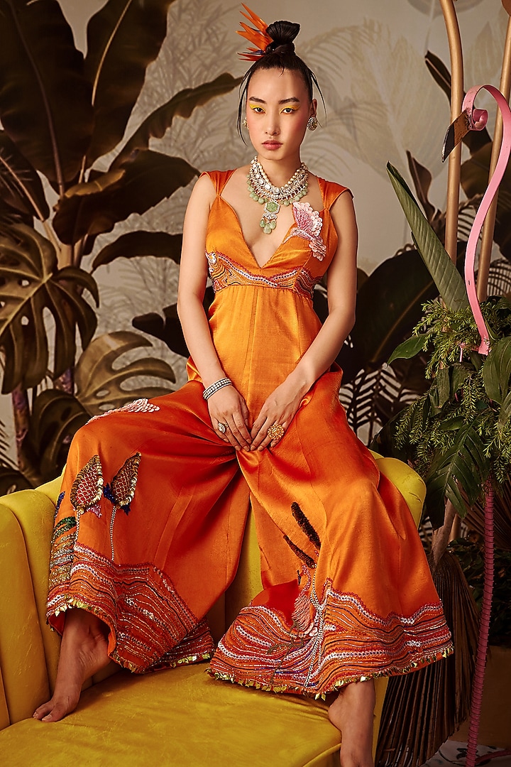 Orange Embroidered Jumpsuit by Payal Zinal