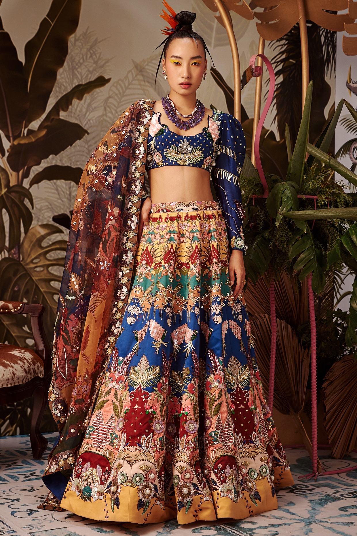 Buy Woven Work Mustard and Navy Blue A Line Lehenga Choli Online