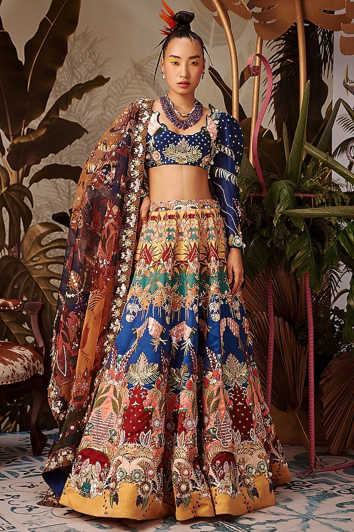 Blue & Mustard Hand Embroidered Lehenga Set by Payal Zinal