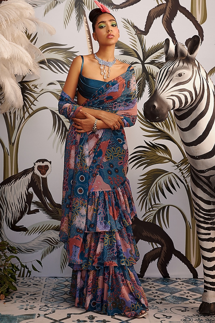 Teal Blue Printed Saree Set by Payal Zinal