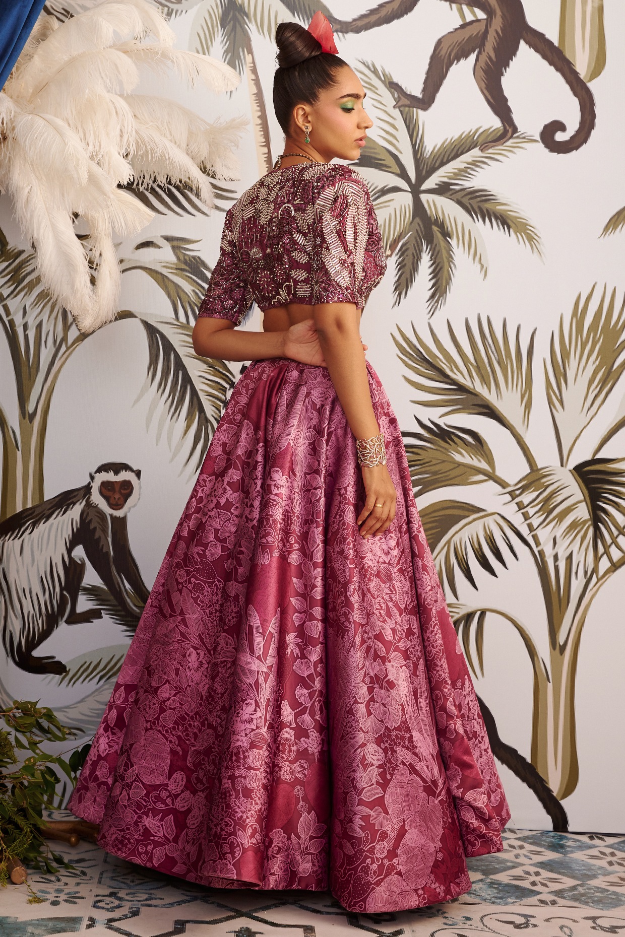 Buy Wine color Velvet Lehenga Choli with Pink Net Dupatta Online - LEHV2261  | Appelle Fashion