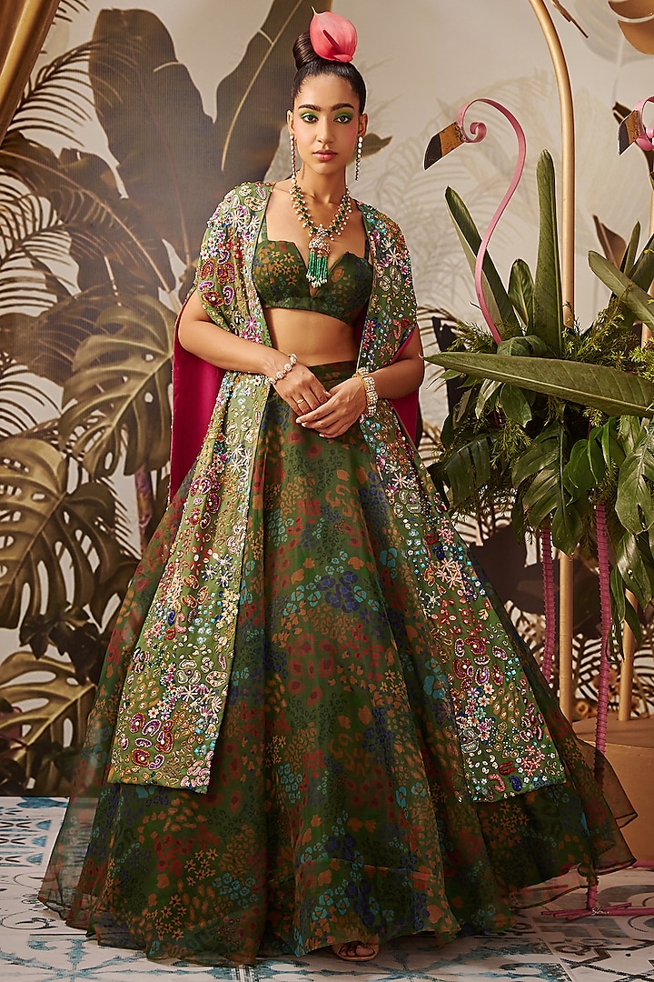Green Hand Embroidered Cape Set by Payal Zinal