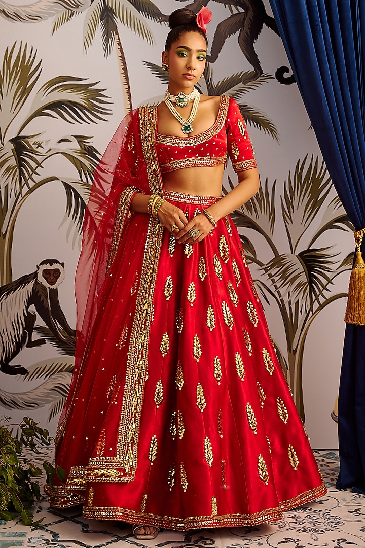 Red Hand Embroidered Lehenga Set by Payal Zinal