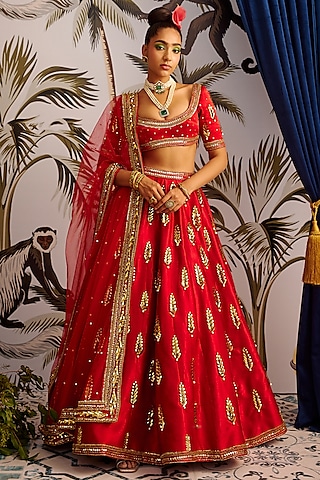 Red Hand Embroidered Lehenga Set by Payal & Zinal