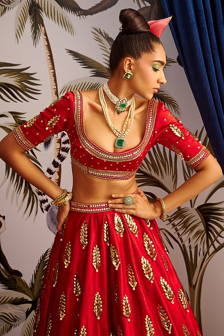 Red Hand Embroidered Wedding Lehenga Set by Payal & Zinal at Pernia's Pop Up Shop