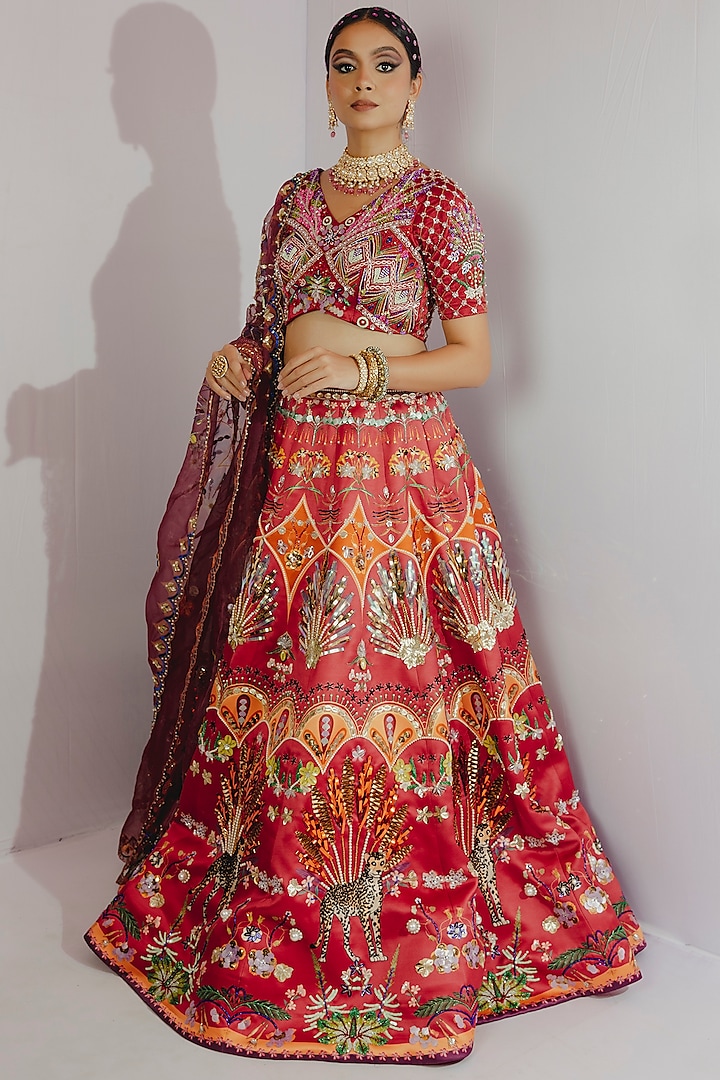 Red Hand Embroidered And Printed Lehenga Set Design By Payal Zinal At Pernias Pop Up Shop 2024 8972