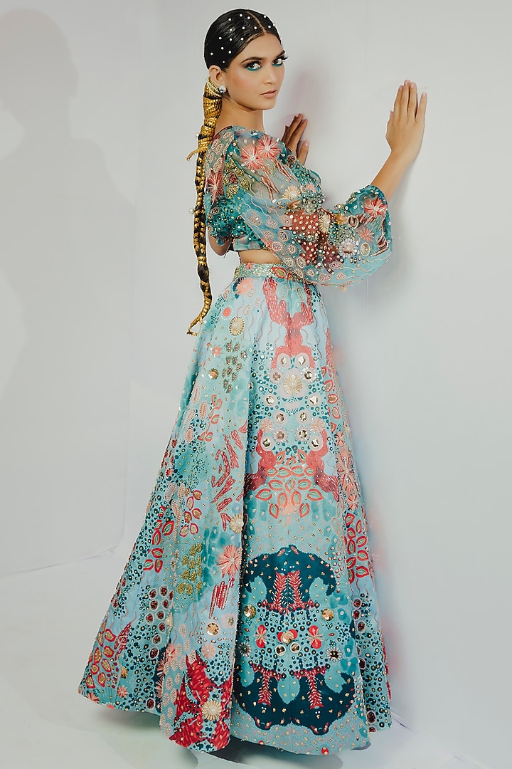 Turquoise Hand Embroidered & Printed Wedding Lehenga Set by Payal & Zinal at Pernia's Pop Up Shop