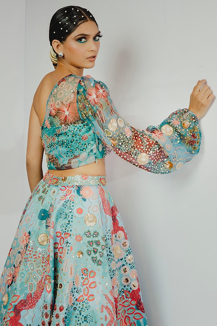 Turquoise Hand Embroidered & Printed Wedding Lehenga Set by Payal & Zinal at Pernia's Pop Up Shop