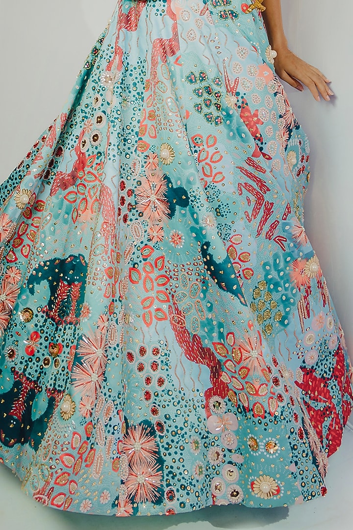 Turquoise Hand Embroidered & Printed Wedding Lehenga Set by Payal & Zinal at Pernia's Pop Up Shop