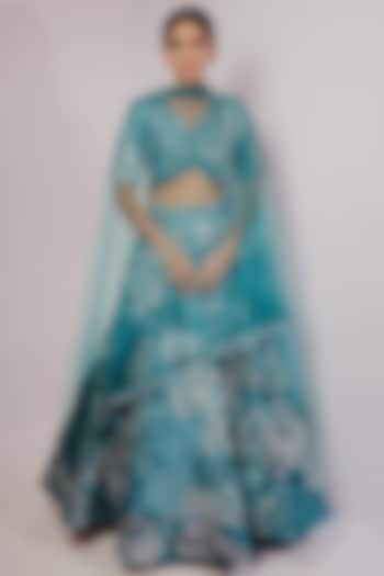 Turquoise & Teal Blue Hand Embroidered & Printed Wedding Lehenga Set by Payal Zinal at Pernia's Pop Up Shop