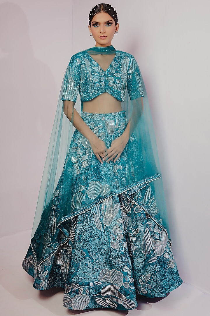 Turquoise & Teal Blue Hand Embroidered & Printed Wedding Lehenga Set by Payal Zinal at Pernia's Pop Up Shop