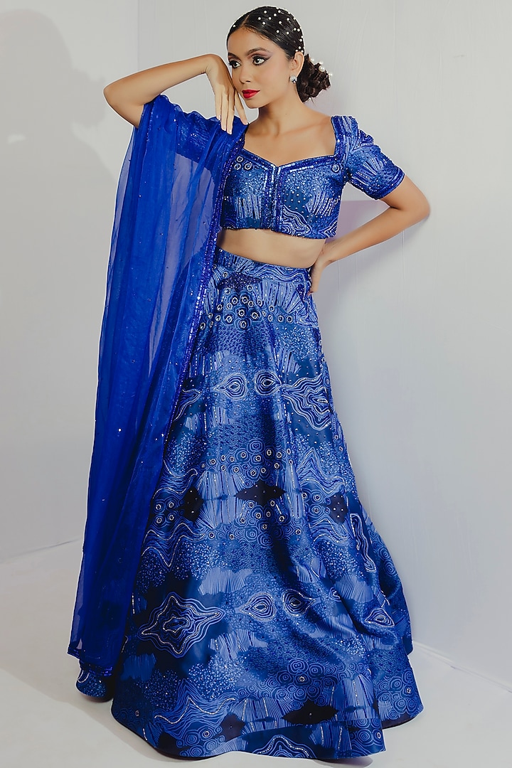 Electric Blue Hand Embroidered & Printed Lehenga Set by Payal Zinal