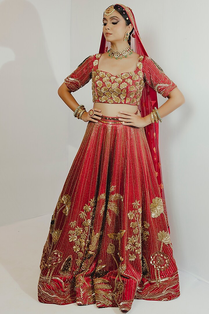 Red Hand Embroidered Bridal Lehenga Set by Payal Zinal at Pernia's Pop Up Shop