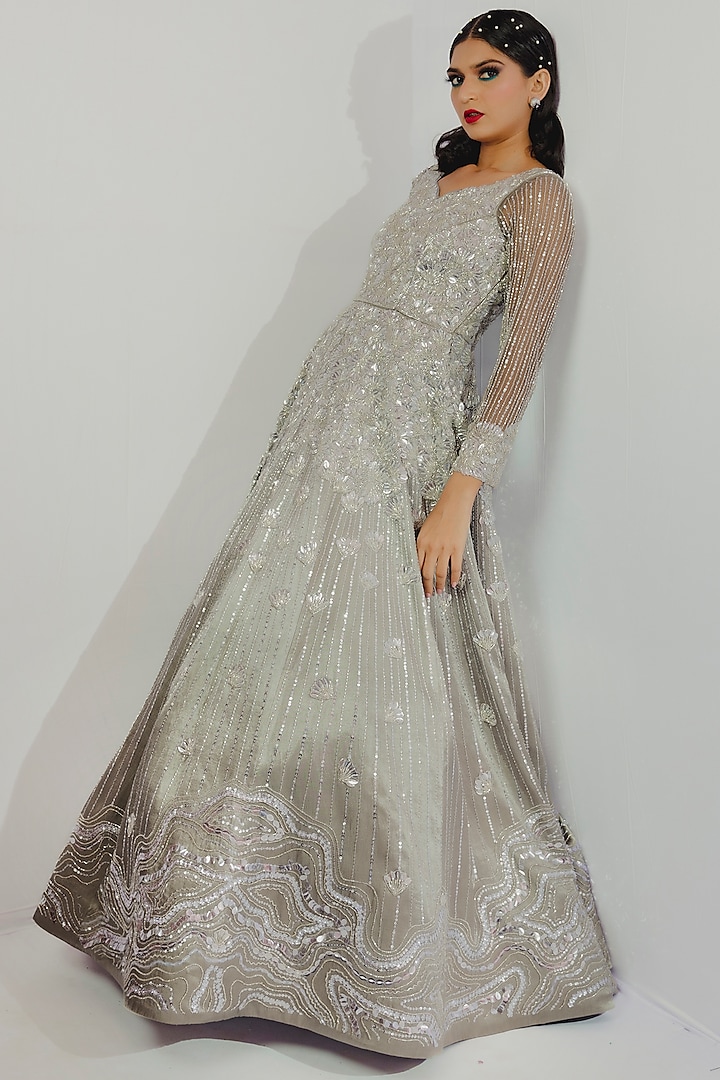 Silver Hand Embroidered Gown by Payal Zinal at Pernia's Pop Up Shop