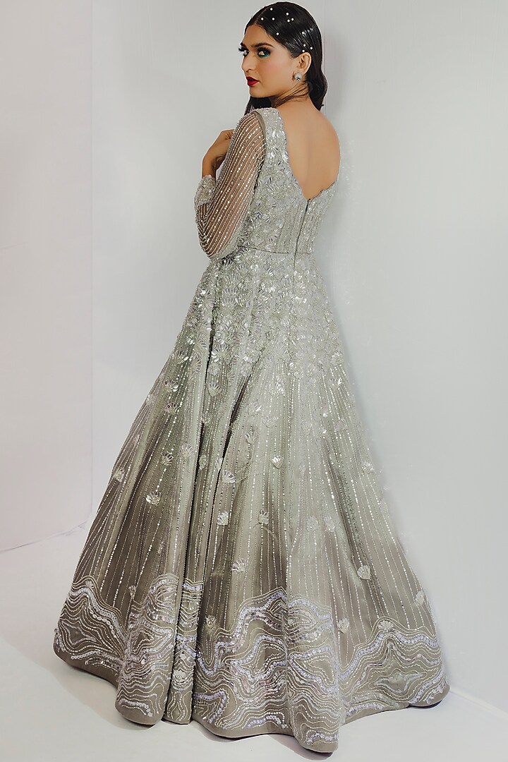 Silver Hand Embroidered Gown by Payal & Zinal at Pernia's Pop Up Shop