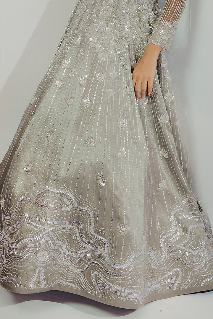 Silver Hand Embroidered Gown by Payal & Zinal at Pernia's Pop Up Shop