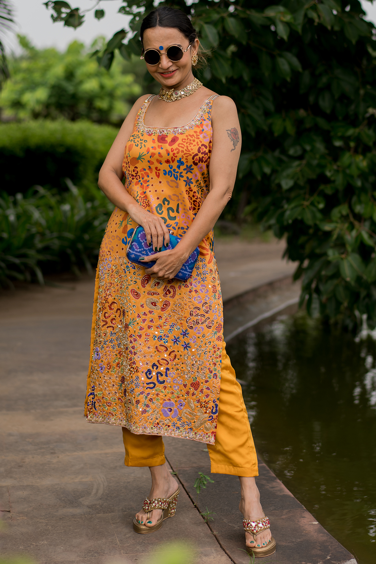 Mustard Hand Embroidered & Printed Kurta Set by Payal Zinal at Pernia's Pop Up Shop