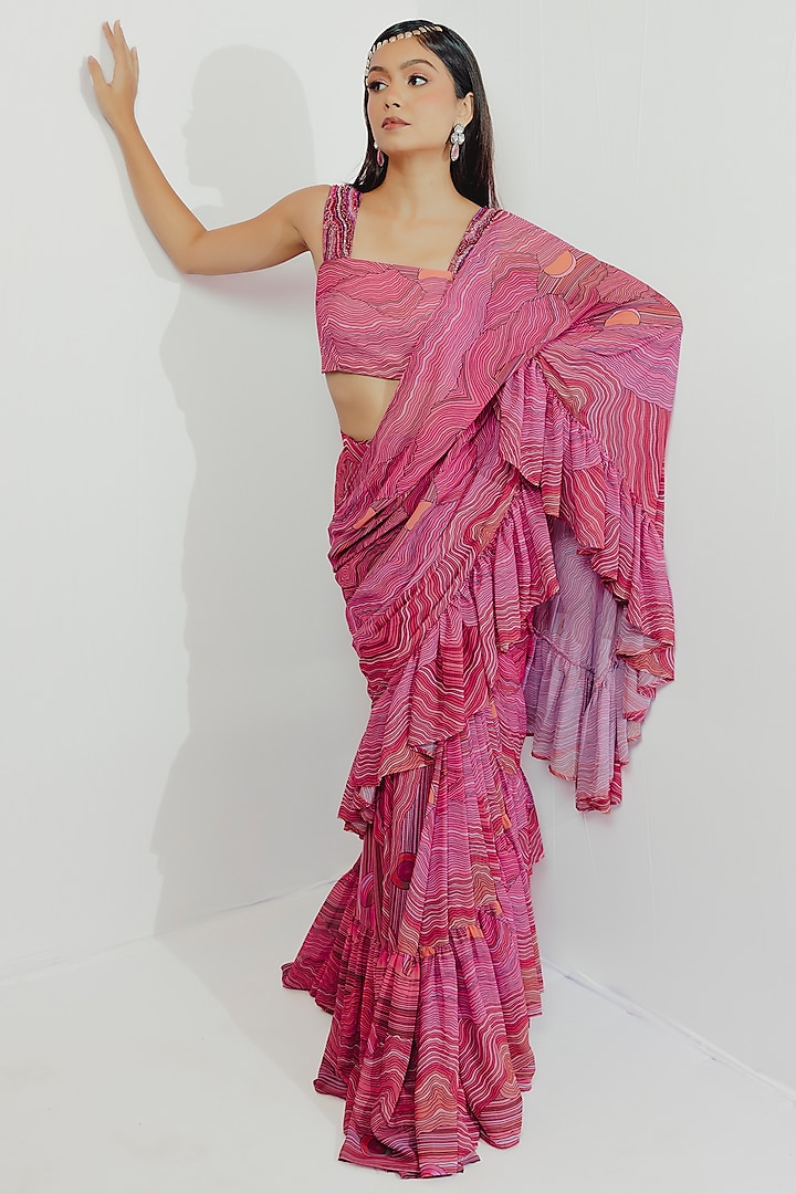 Pink Georgette Printed Saree Set by Payal Zinal