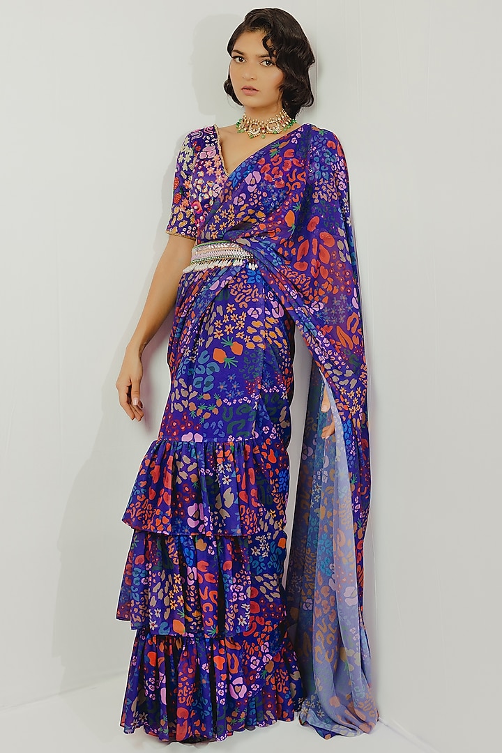 Purple Printed Saree Set by Payal Zinal