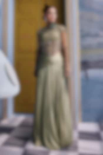 Kiwi Green Satin Organza Pleated Skirt Set by Payal & Zinal at Pernia's Pop Up Shop