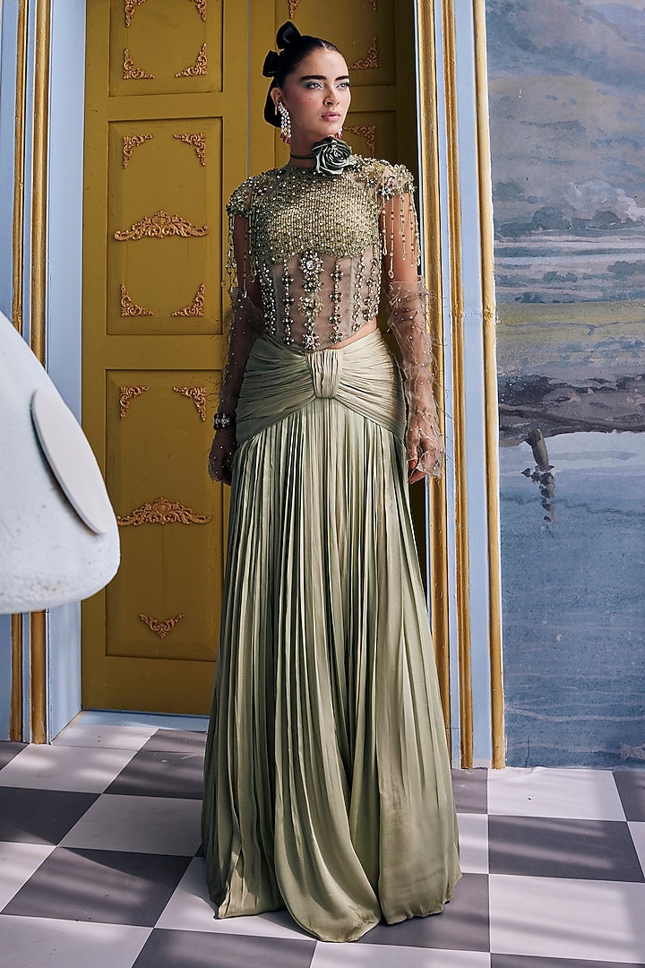 Kiwi Green Satin Organza Pleated Skirt Set by Payal & Zinal at Pernia's Pop Up Shop