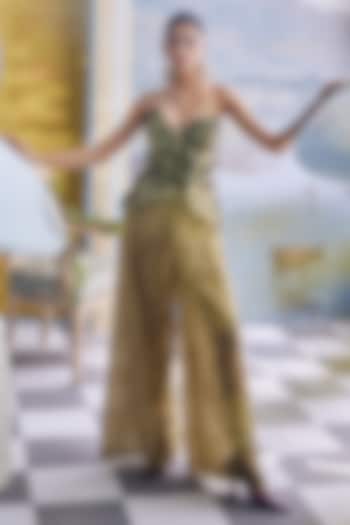Olive Green Georgette Crystal Trousers Set by Payal & Zinal at Pernia's Pop Up Shop