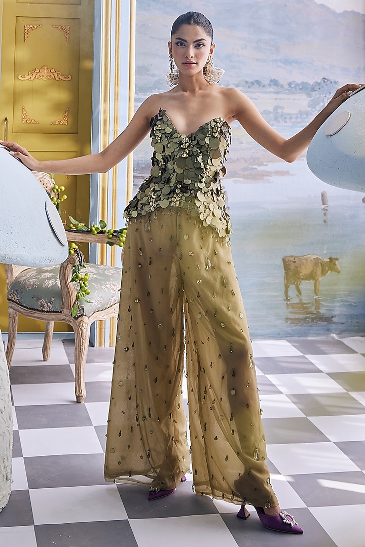 Olive Green Georgette Crystal Trousers Set by Payal & Zinal at Pernia's Pop Up Shop