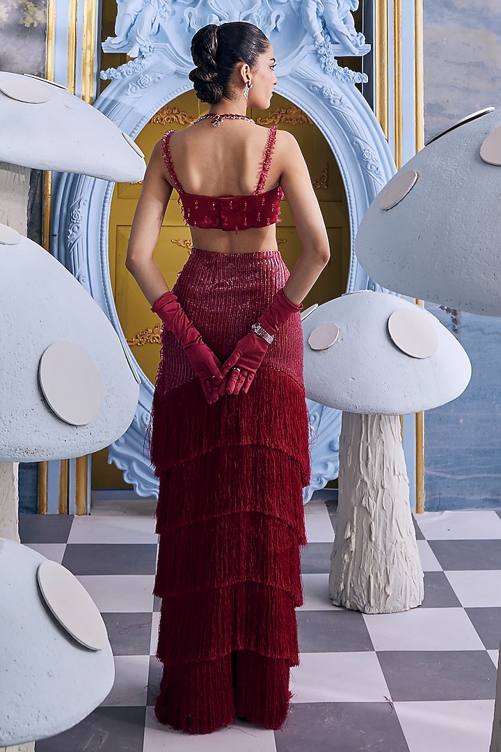 Raspberry Gaji Silk Crystal Embellished Skirt Set by Payal & Zinal at Pernia's Pop Up Shop