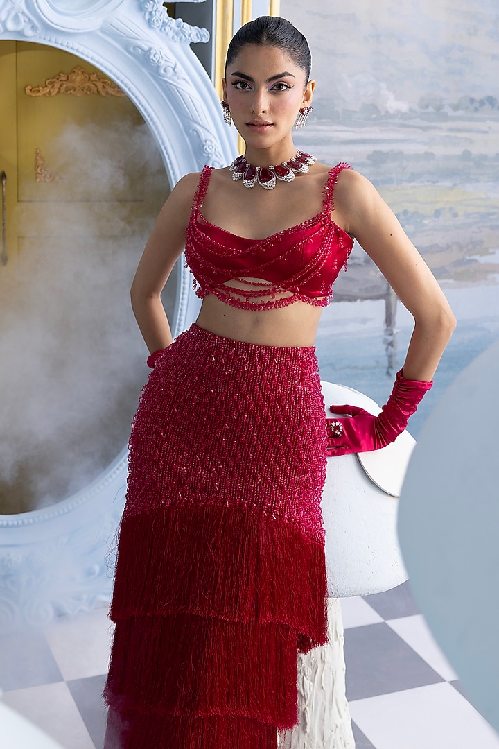 Raspberry Gaji Silk Crystal Embellished Skirt Set by Payal & Zinal at Pernia's Pop Up Shop