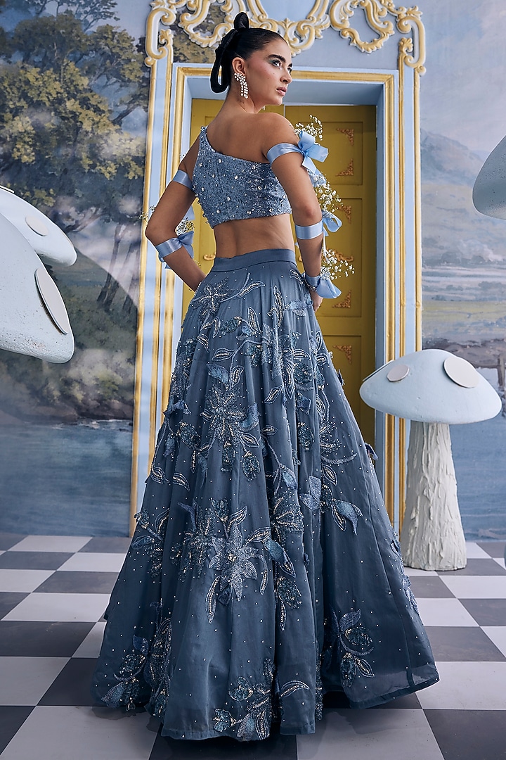 Powder Blue Organza Floral Cutdana Embellished Bridal Lehenga Set by Payal & Zinal at Pernia's Pop Up Shop