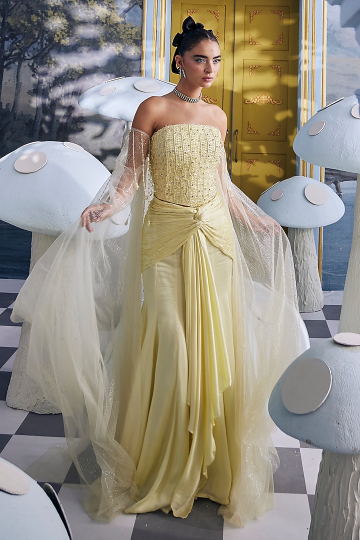 Light Yellow Mulberry Satin & Gaji Silk Crystal Embellished Skirt Set by Payal & Zinal at Pernia's Pop Up Shop