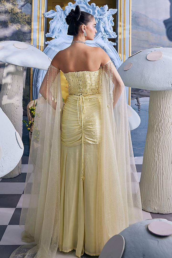 Light Yellow Mulberry Satin & Gaji Silk Crystal Embellished Skirt Set by Payal & Zinal at Pernia's Pop Up Shop