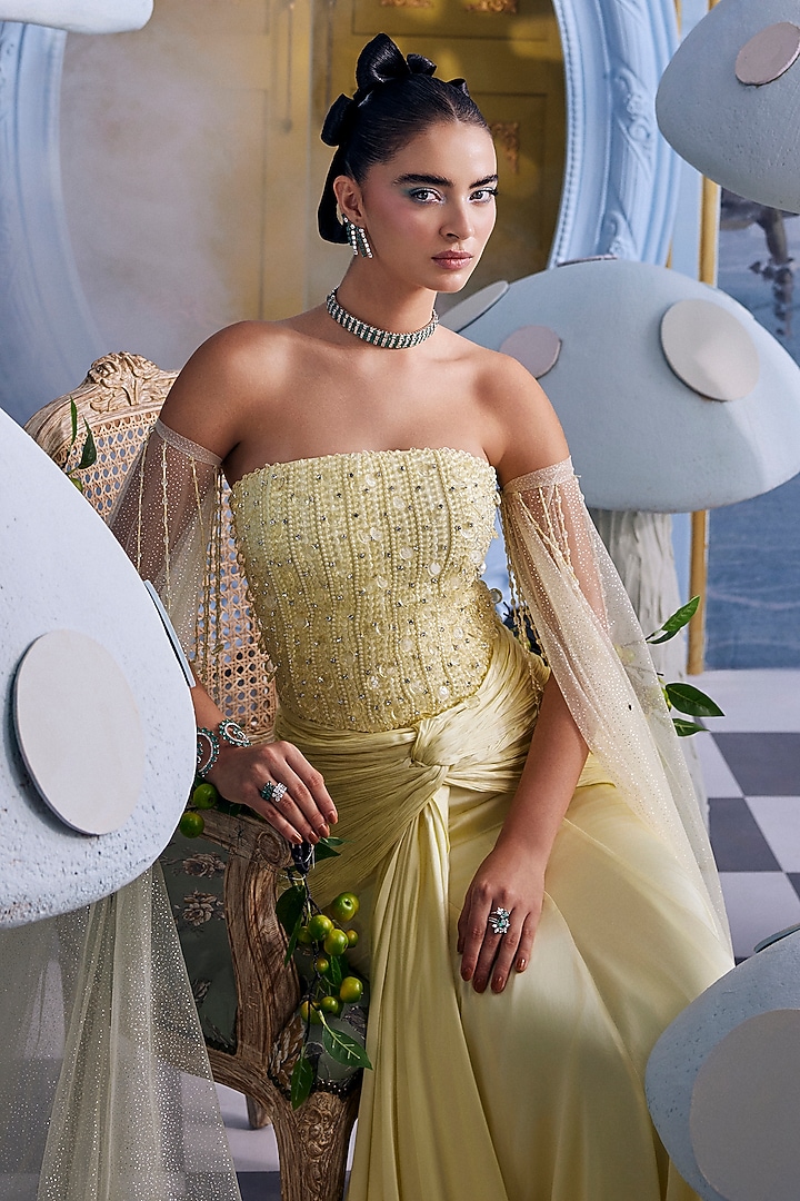 Light Yellow Mulberry Satin & Gaji Silk Crystal Embellished Skirt Set by Payal & Zinal at Pernia's Pop Up Shop
