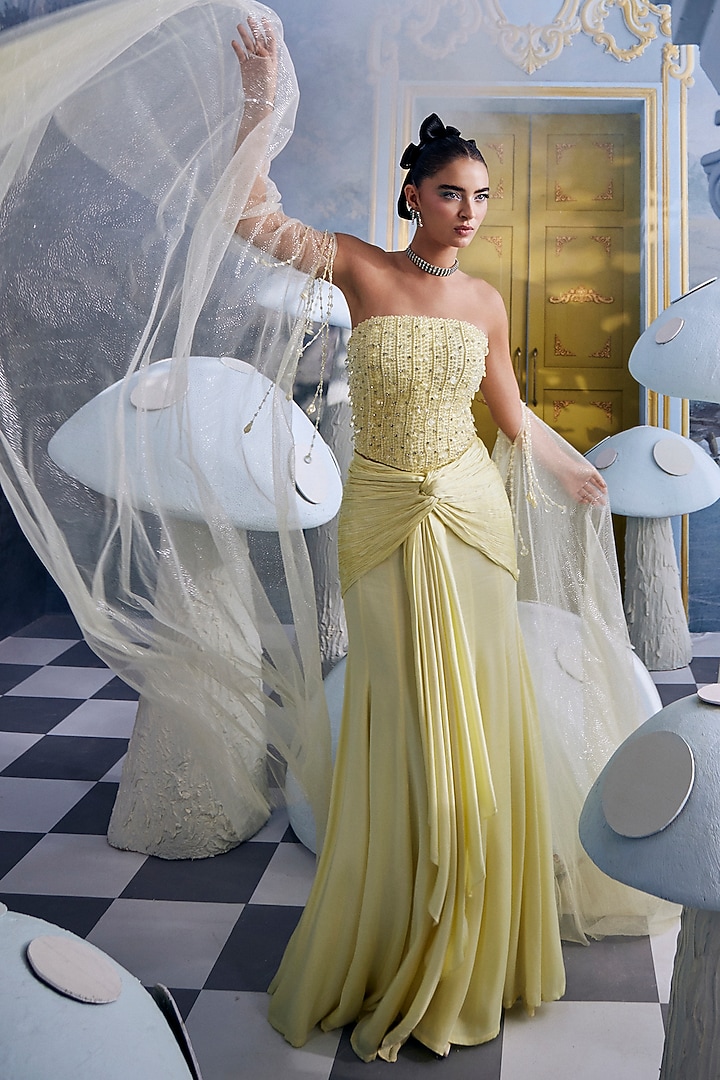 Light Yellow Mulberry Satin & Gaji Silk Crystal Embellished Skirt Set by Payal & Zinal at Pernia's Pop Up Shop