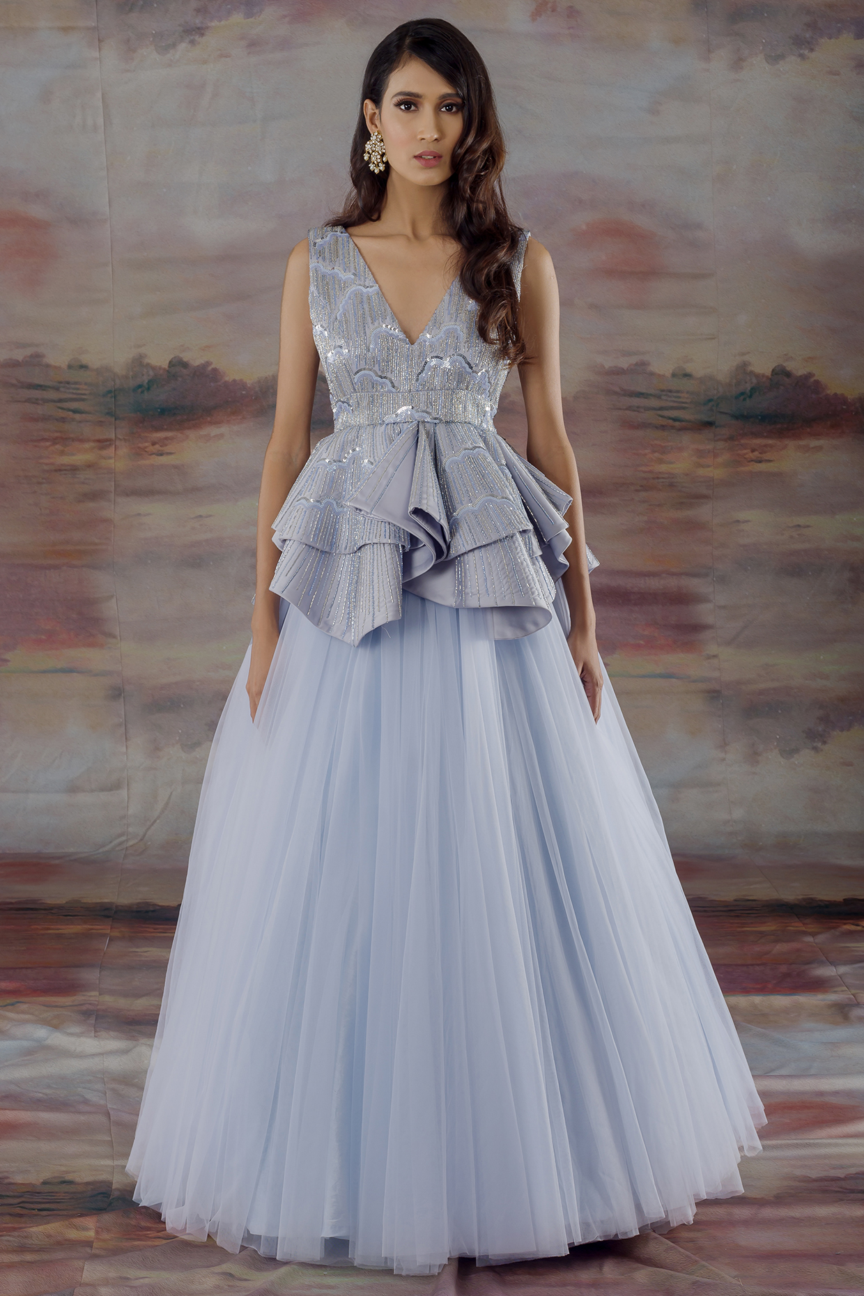 Sky Blue Net Skirt Set by Payal Zinal at Pernia's Pop Up Shop