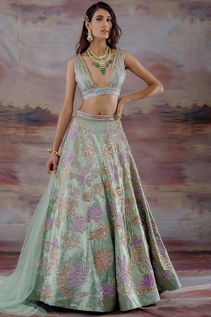 Mint Green Embroidered Bridal Lehenga Set by Payal Zinal at Pernia's Pop Up Shop