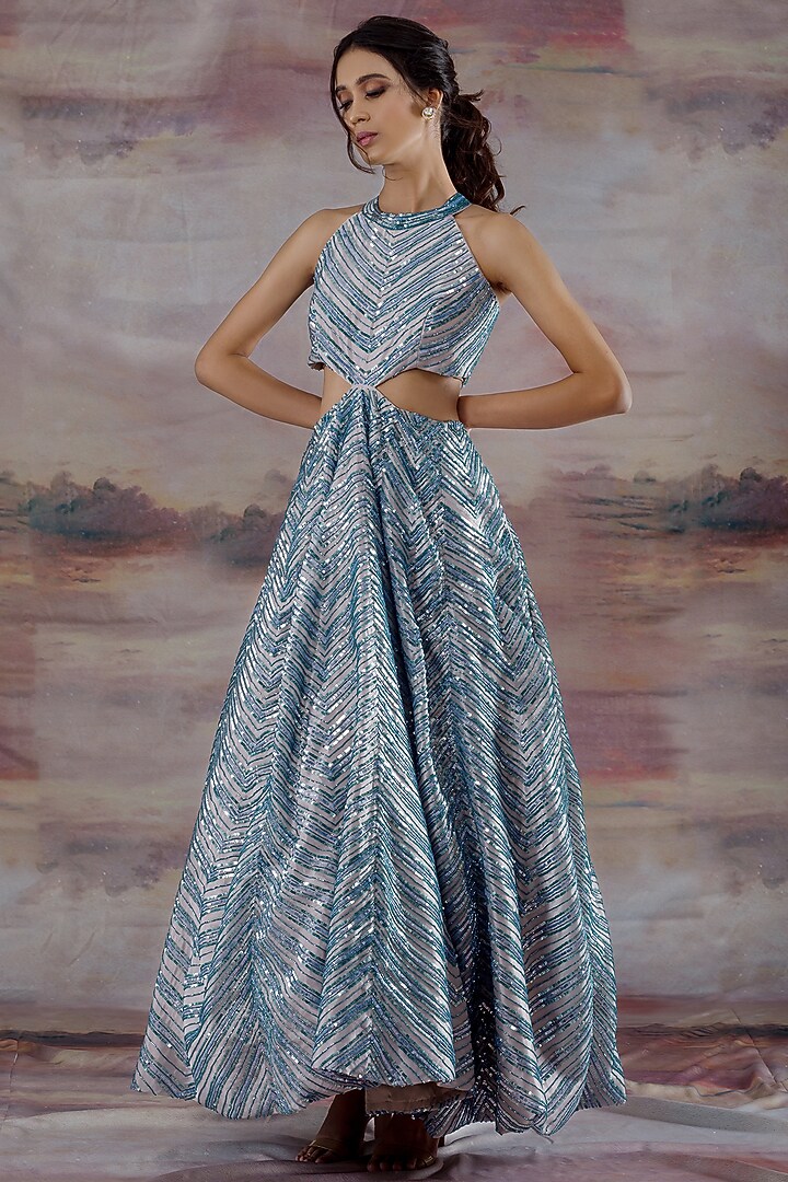 Thunder Blue Embroidered Wedding Gown by Payal Zinal at Pernia's Pop Up Shop