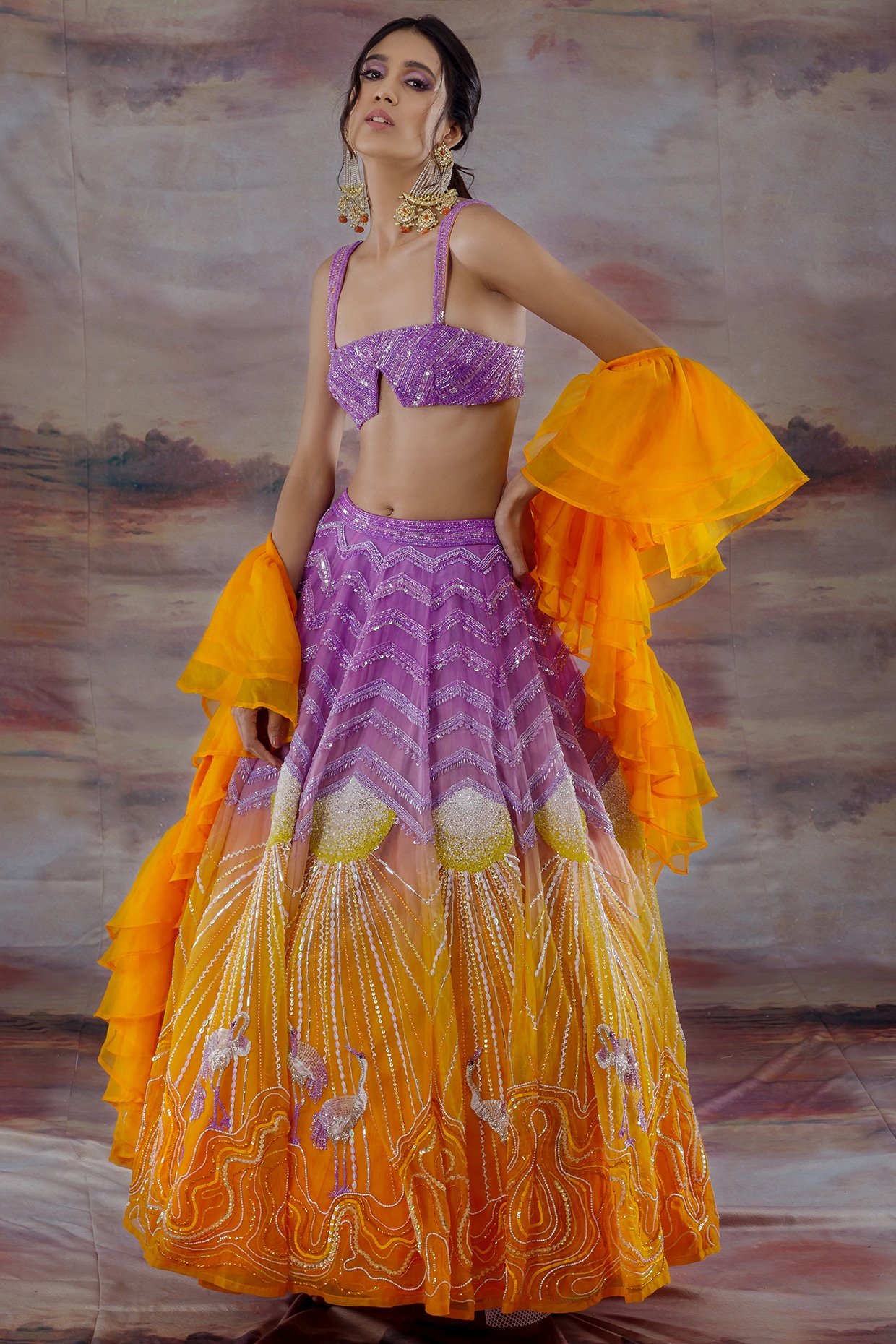 Orange Banarasi Silk Jacquard Half Saree With Contrast Violet Colour E