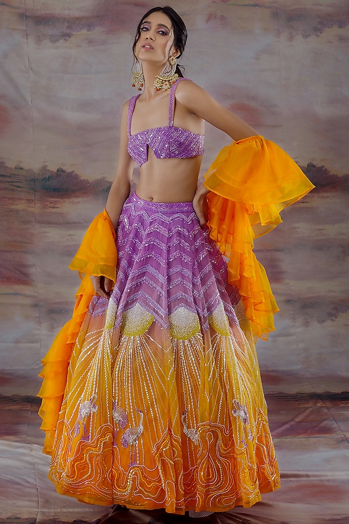 Purple & Orange Embroidered Ombre Lehenga Set by Payal Zinal