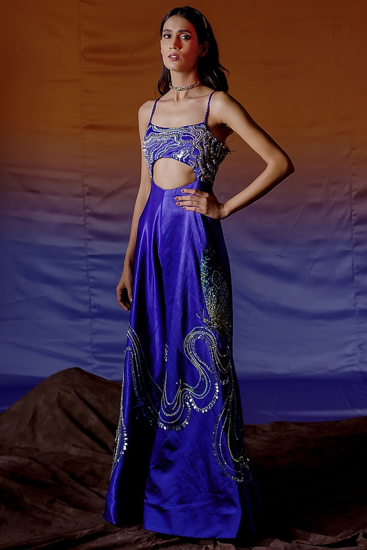 Electric Blue Embroidered Jumpsuit by Payal Zinal