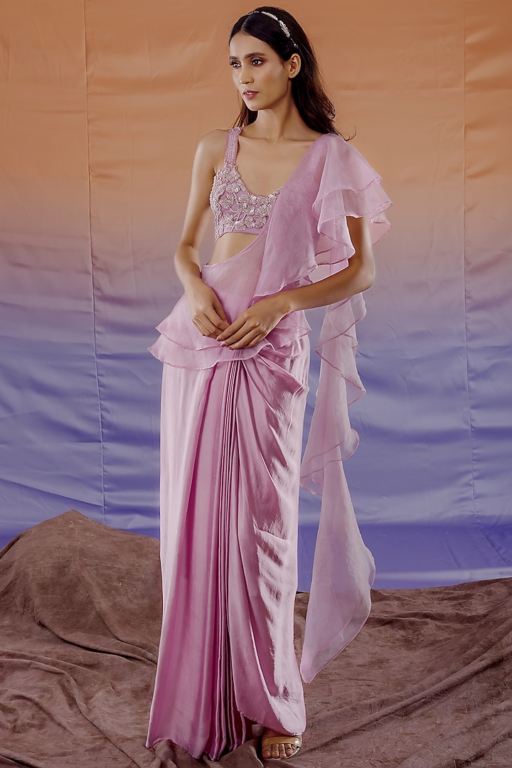 Blush Pink Bamberg Satin Draped Skirt Set by Payal Zinal