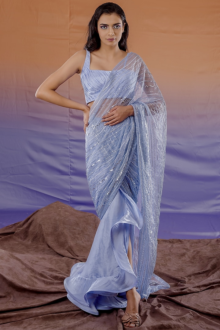 Powder Blue Satin Draped Saree Set Design by Payal Zinal at Pernia's ...