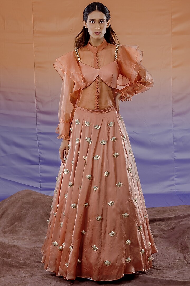 Peach Floral Embellished Skirt Set by Payal Zinal