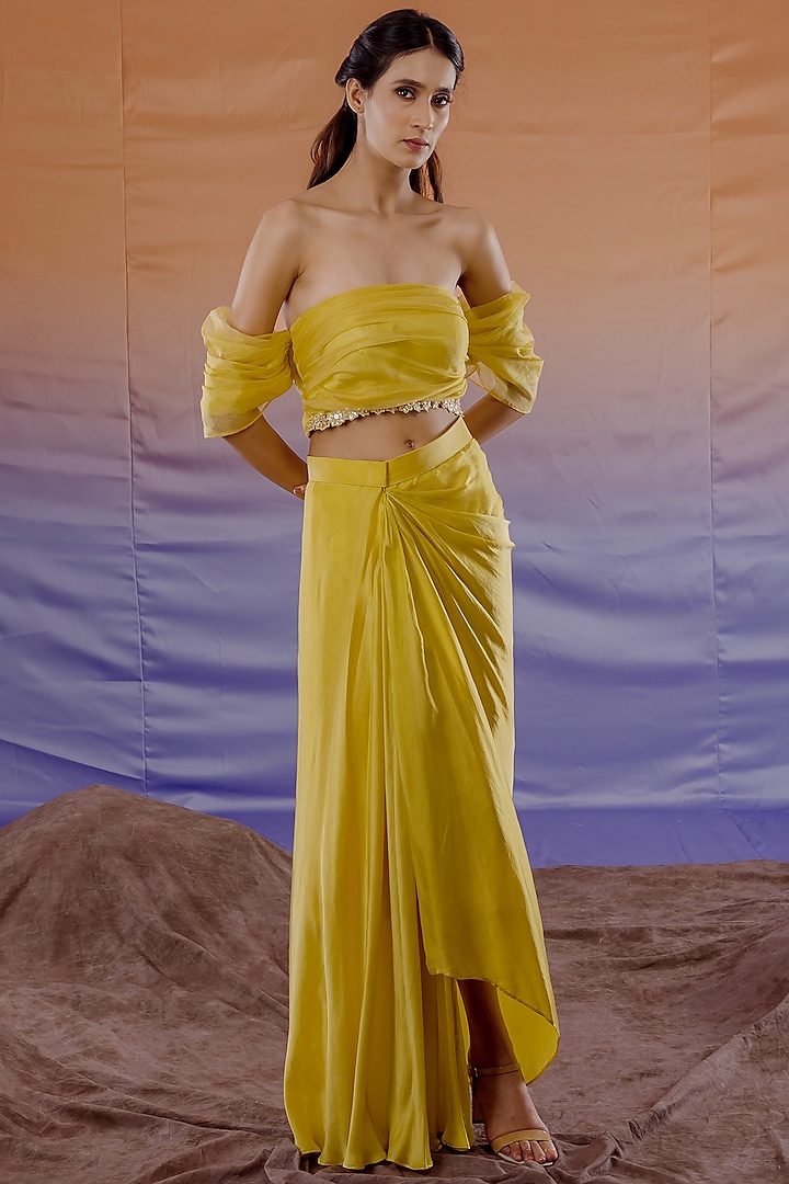 Mustard Yellow Draped Skirt Set by Payal Zinal