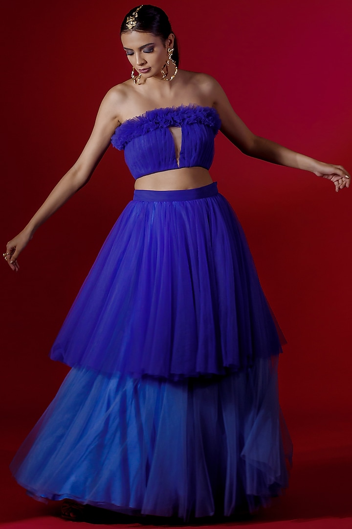 Purple Net Skirt Set by Payal Zinal