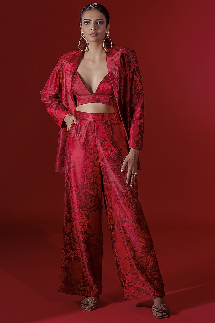 Red Jungle Printed Blazer Set by Payal Zinal