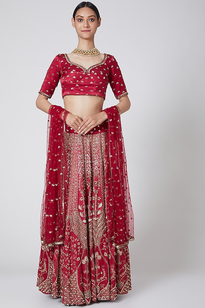 Red Zardosi Embroidered Lehenga Set by Payal Zinal