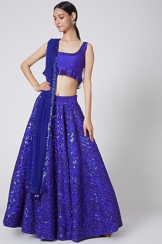 Cobalt Blue Embroidered Lehenga Set by Payal & Zinal